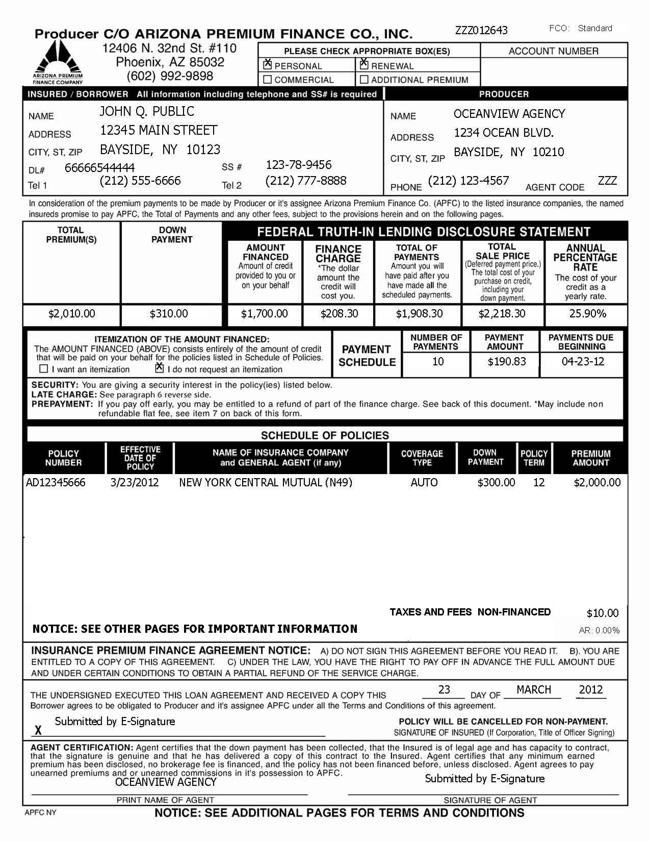 Premium Finance Agreement sample